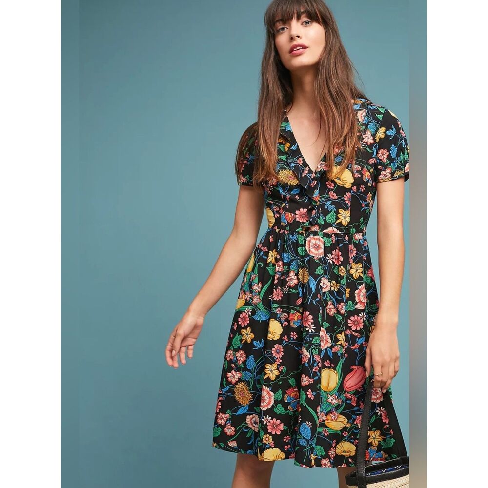 Maeve Anthropologie Floral Dress Black Fit Flare Pockets Size 6 Rayon